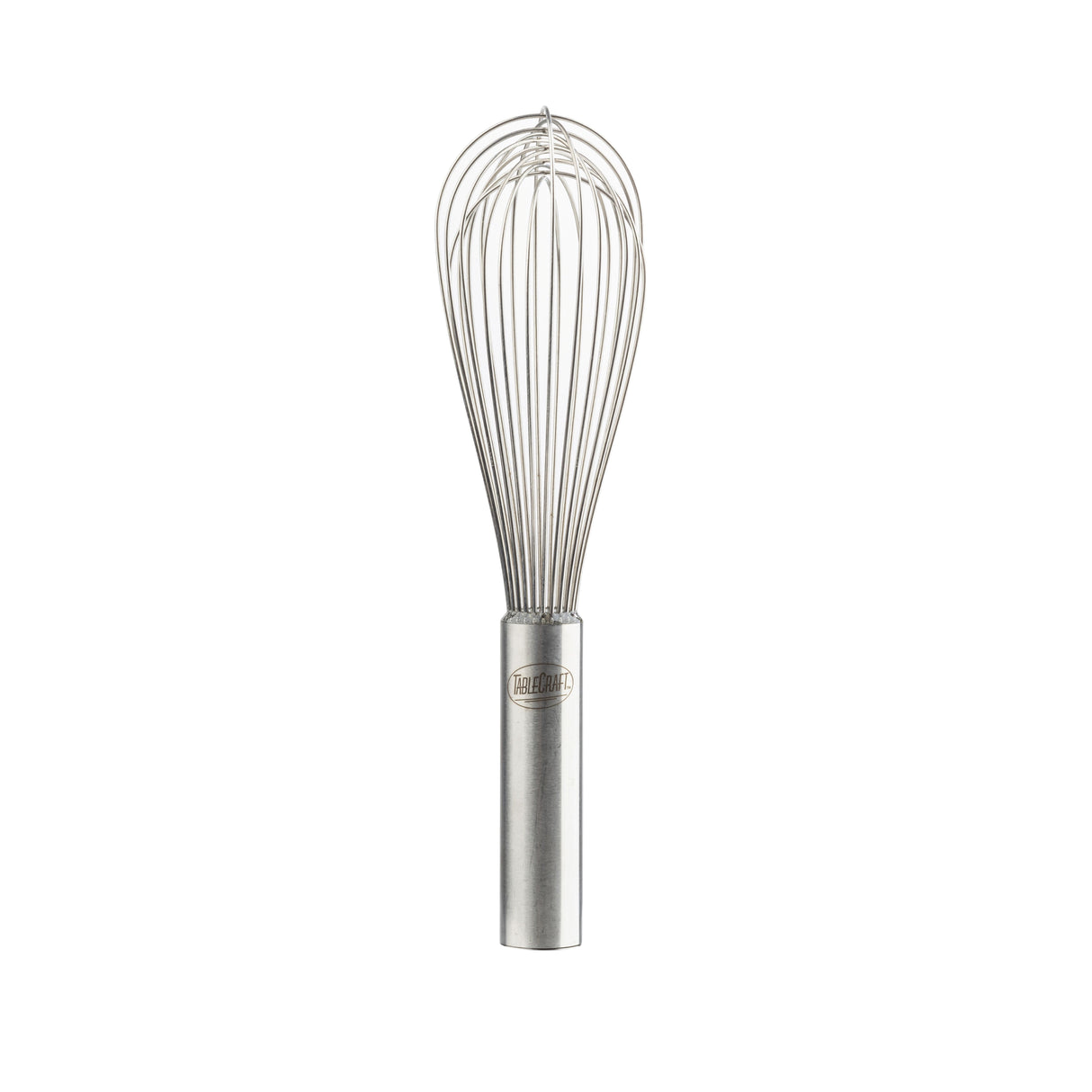 A TableCraft stainless steel Piano Whip featuring a cylindrical handle and multiple thin, looping wires forming a balloon shape at the top, designed for mixing and whisking ingredients. The background is plain white.