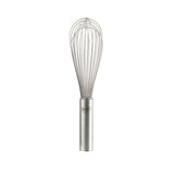A TableCraft stainless steel Piano Whip featuring a cylindrical handle and multiple thin, looping wires forming a balloon shape at the top, designed for mixing and whisking ingredients. The background is plain white.
