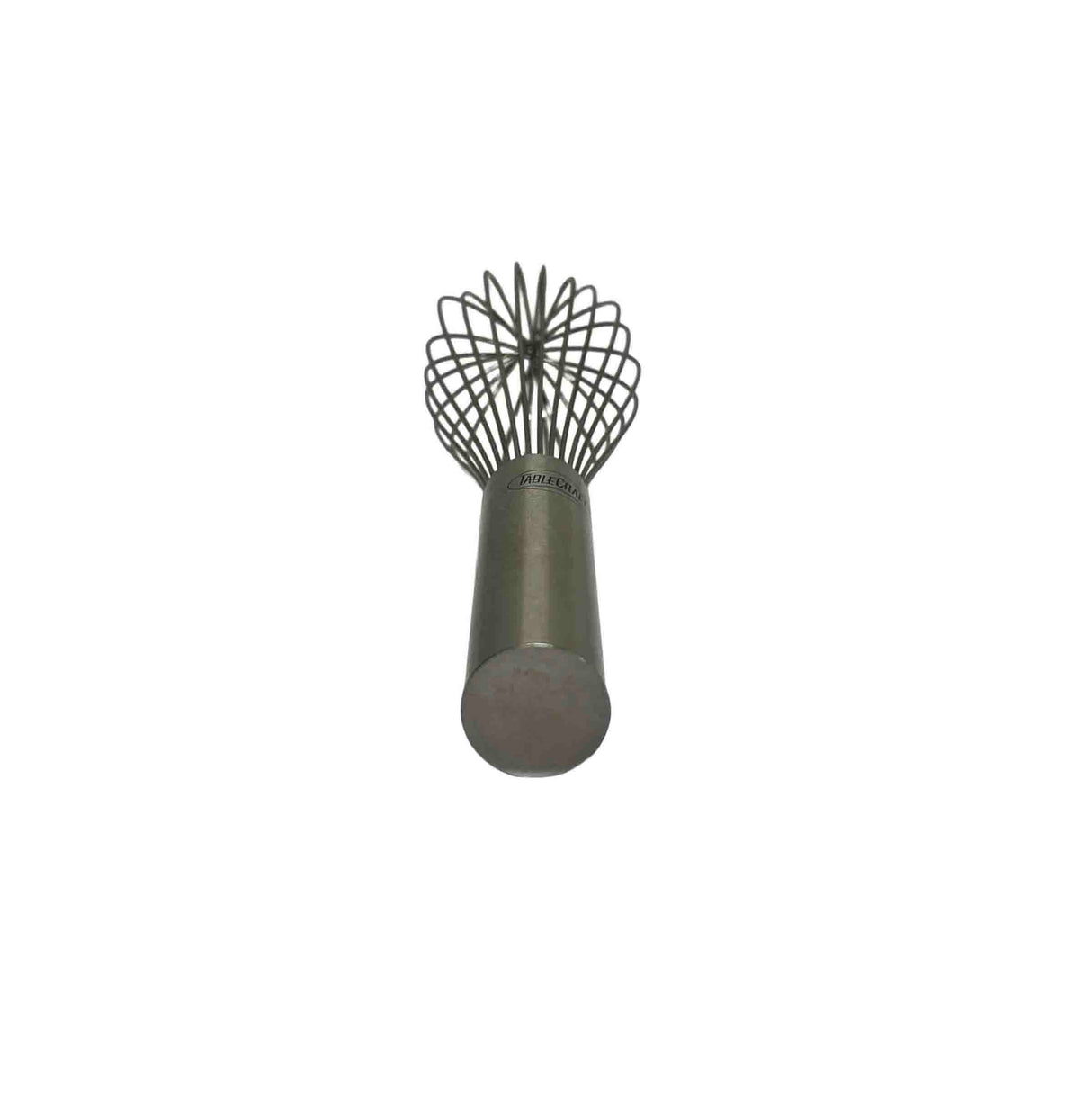 A TableCraft stainless steel Piano Whip with a cylindrical handle and balloon-shaped wire loops, photographed vertically from the handle end against a plain white background.