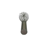A TableCraft stainless steel Piano Whip with a cylindrical handle and balloon-shaped wire loops, photographed vertically from the handle end against a plain white background.