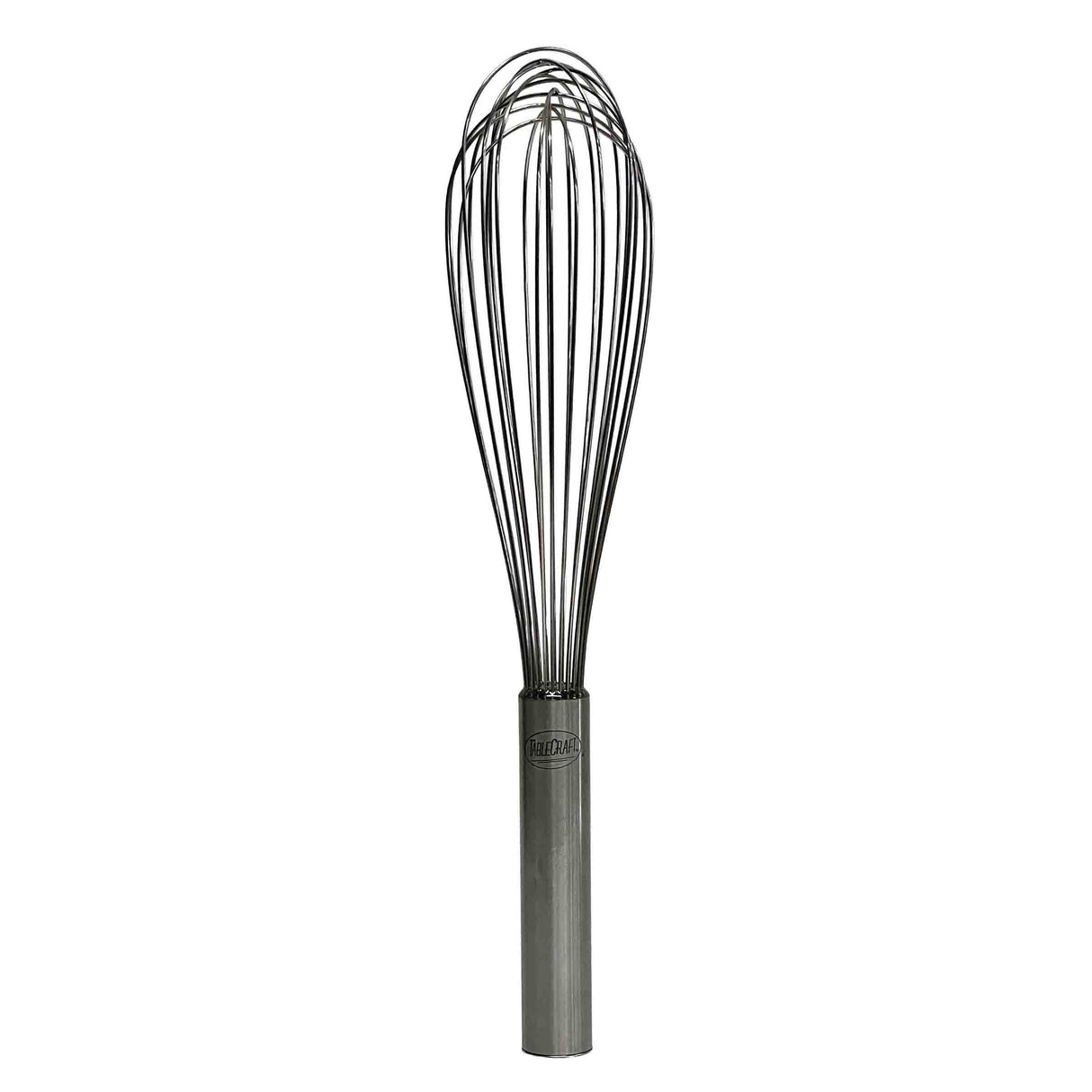 A TableCraft stainless steel Piano Whip with a cylindrical handle and multiple looped wires stands upright against a plain white background. The elongated balloon shape is ideal for mixing or whipping ingredients.