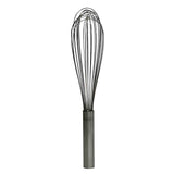 A TableCraft stainless steel Piano Whip with a cylindrical handle and multiple looped wires stands upright against a plain white background. The elongated balloon shape is ideal for mixing or whipping ingredients.