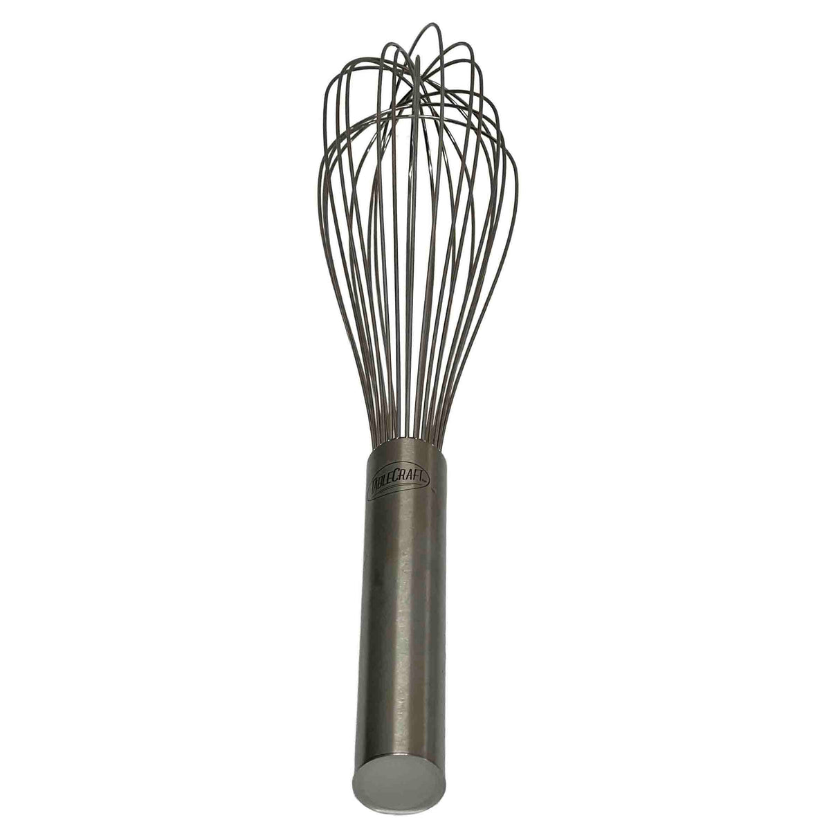 A TableCraft piano whip crafted from stainless steel, featuring a smooth, solid handle and a balloon-shaped looped wire head—perfect for efficiently stirring and mixing ingredients.