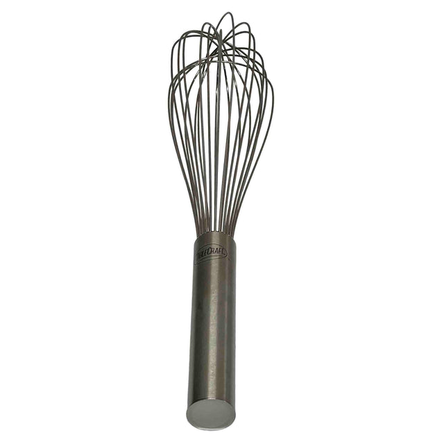 A TableCraft piano whip crafted from stainless steel, featuring a smooth, solid handle and a balloon-shaped looped wire head—perfect for efficiently stirring and mixing ingredients.