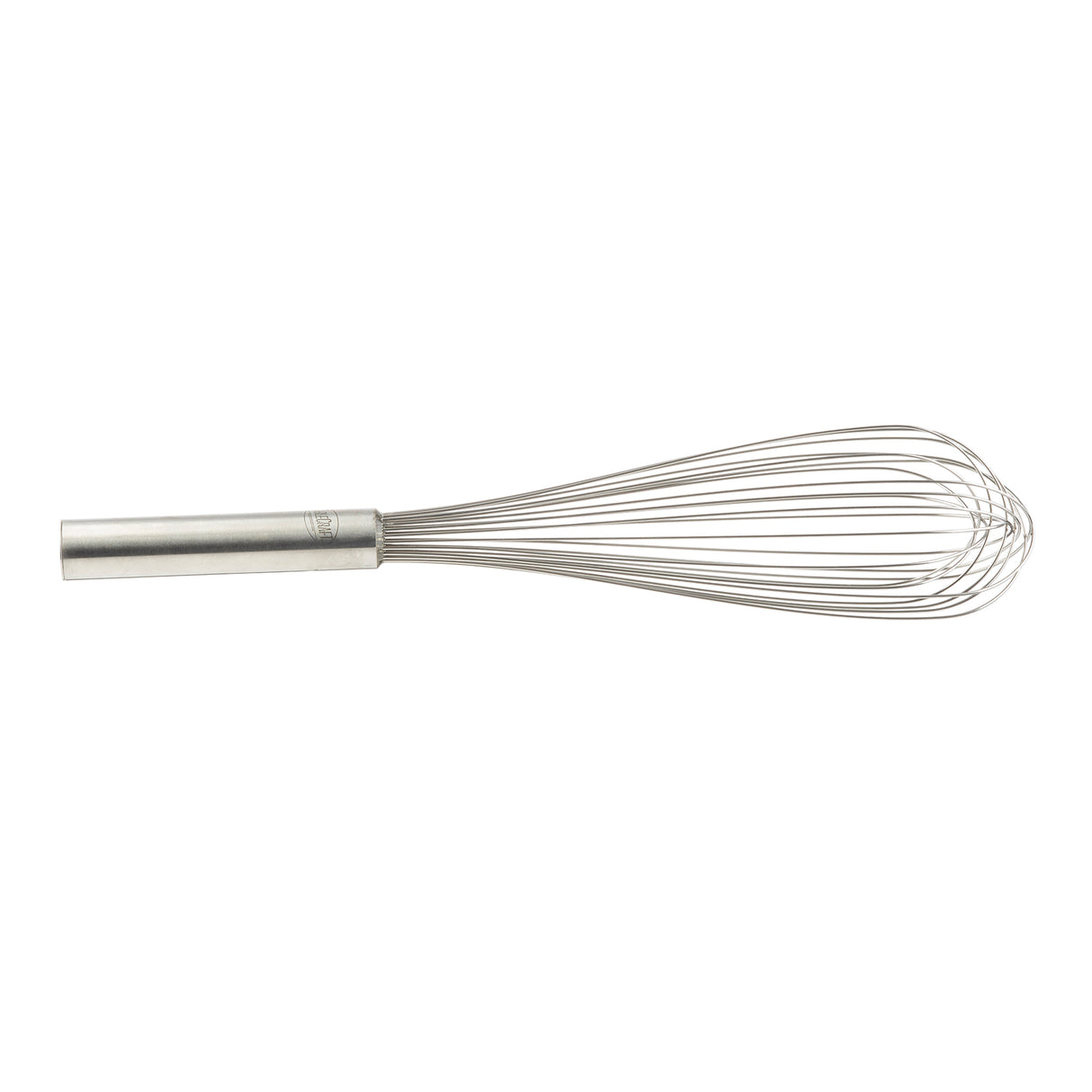 A TableCraft stainless steel Piano Whip with a tubular handle and balloon-shaped wire loops lies on a white background, perfect for mixing or beating ingredients in cooking or baking.