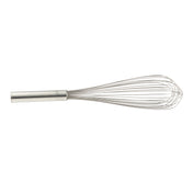A TableCraft stainless steel Piano Whip with a tubular handle and balloon-shaped wire loops lies on a white background, perfect for mixing or beating ingredients in cooking or baking.