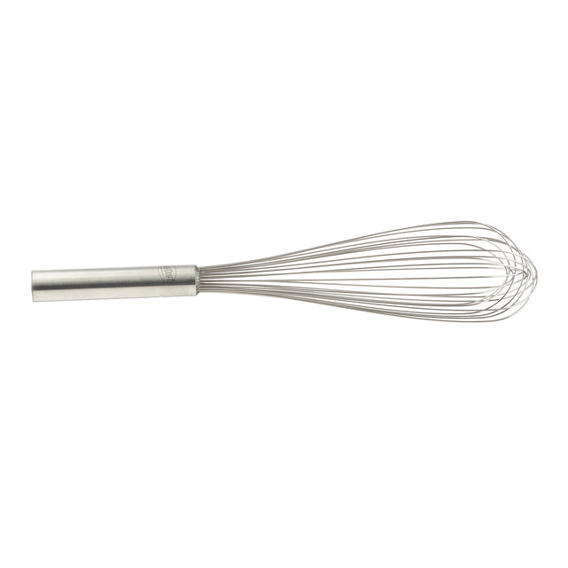 A TableCraft stainless steel Piano Whip with a tubular handle and balloon-shaped wire loops lies on a white background, perfect for mixing or beating ingredients in cooking or baking.