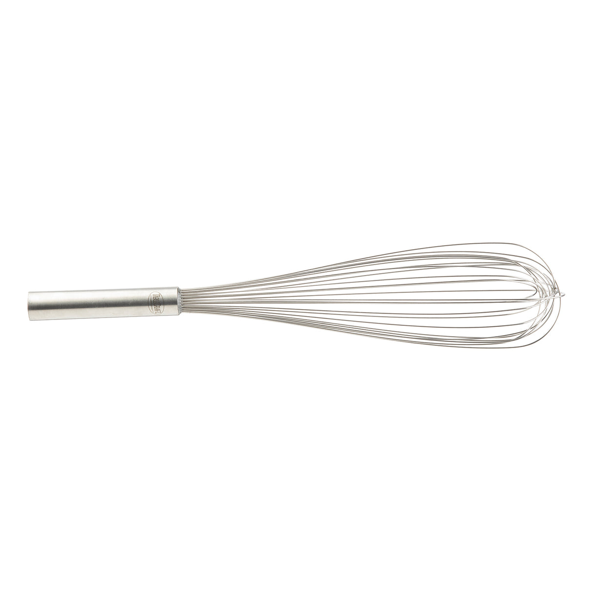 A TableCraft stainless steel Piano Whip with a cylindrical handle and multiple looping wires forms a balloon shape, lying horizontally on a white background. The simple, utilitarian design is ideal for mixing or beating ingredients in cooking.