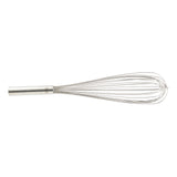 A TableCraft stainless steel Piano Whip with a cylindrical handle and multiple looping wires forms a balloon shape, lying horizontally on a white background. The simple, utilitarian design is ideal for mixing or beating ingredients in cooking.