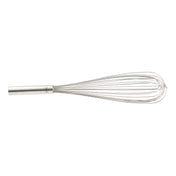 A TableCraft stainless steel Piano Whip with a cylindrical handle and multiple looping wires forms a balloon shape, lying horizontally on a white background. The simple, utilitarian design is ideal for mixing or beating ingredients in cooking.