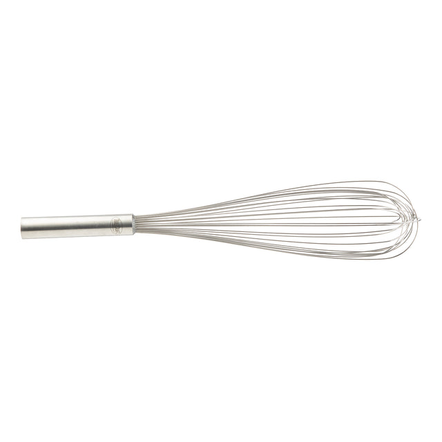 A TableCraft stainless steel Piano Whip with a cylindrical handle and multiple looping wires forms a balloon shape, lying horizontally on a white background. The simple, utilitarian design is ideal for mixing or beating ingredients in cooking.