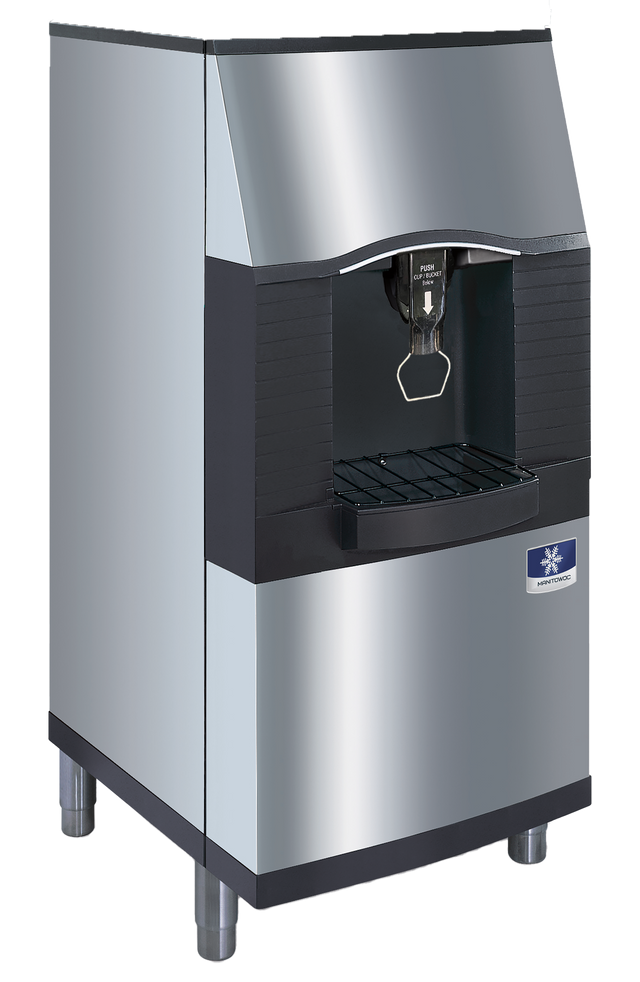 A commercial vending ice dispenser in stainless steel and black, featuring a modern, angular design with a touchless lever for hygienic use. It stands on four short legs and boasts a 120-lb capacity, with a distinctive blue-and-white logo on the front.