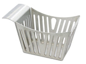 A stainless steel side basket with a curved handle and vertical slots on all sides, designed for draining and serving. The rectangular shape with flared sides and rounded corners gives it a modern, open look. Dishwasher safe for easy cleaning.