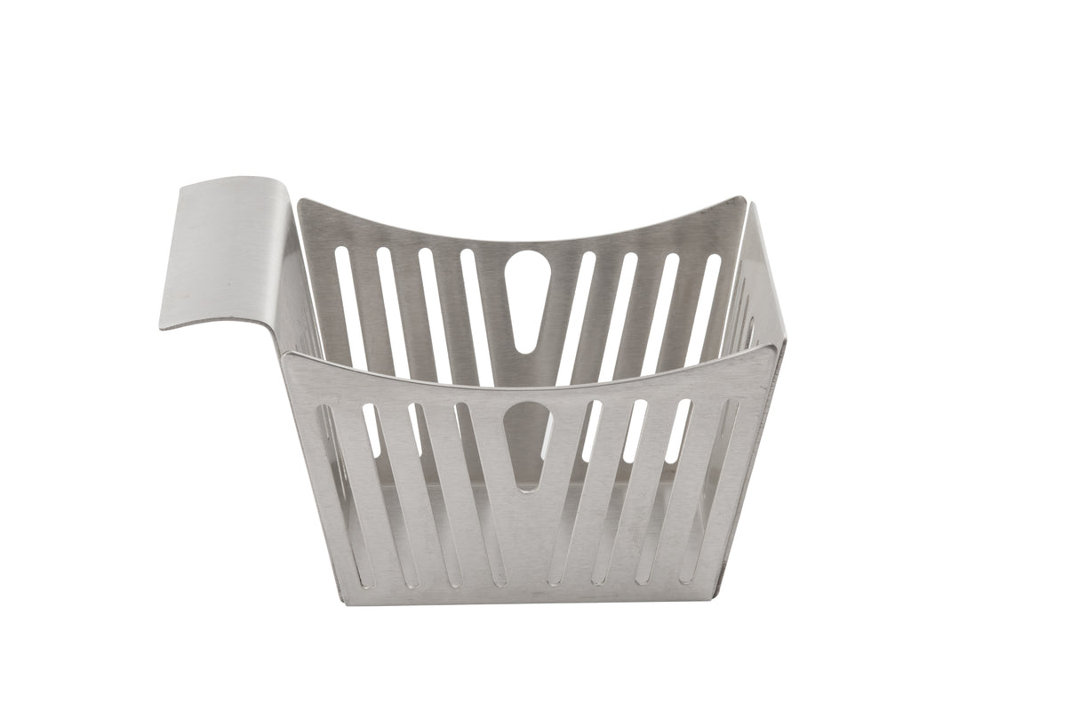 A stainless steel side basket with vertical slits on all sides, a flat handle on one corner, and a modern, rectangular shape. Its clean and minimalist design stands out against the plain white background. Dishwasher safe for easy cleaning.