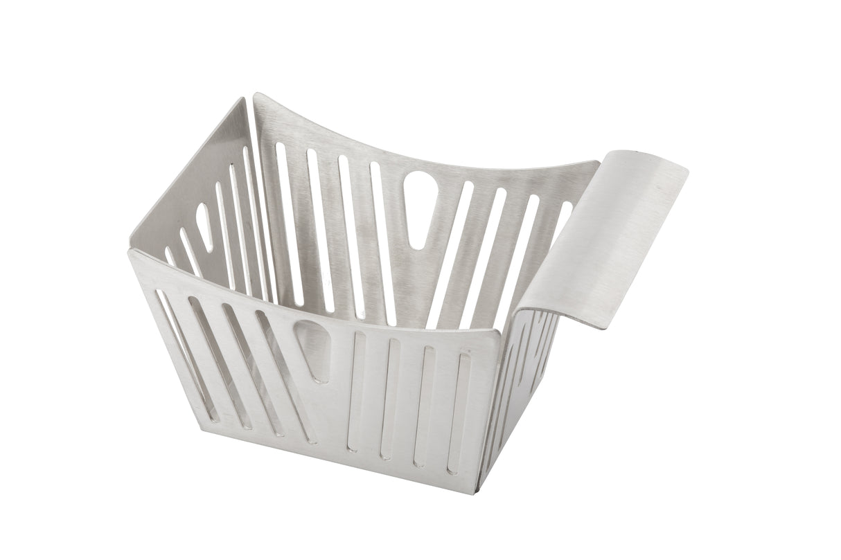 A silver, square-shaped stainless steel side basket with vertical slits on all sides, slightly flared top edges, and a curved handle on one side. Its modern, minimalist design is both stylish and dishwasher safe. Set against a white background.