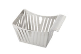 A silver, square-shaped stainless steel side basket with vertical slits on all sides, slightly flared top edges, and a curved handle on one side. Its modern, minimalist design is both stylish and dishwasher safe. Set against a white background.