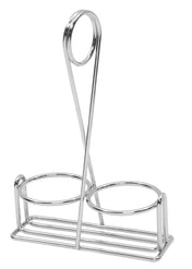 A shiny, silver TableCraft SPRR chrome plated rack with two round compartments and a looped handle at the top. The minimalist, open holder is designed as a salt & pepper shaker rack to carry two cylindrical objects.