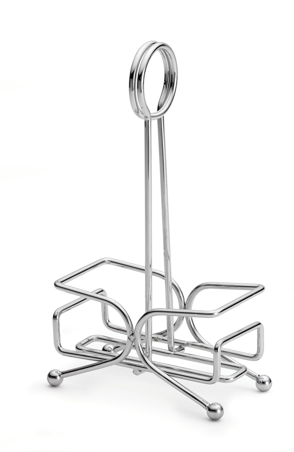 A TableCraft metal napkin holder with a chrome plated finish, featuring a vertical handle topped with a round loop and a butterfly-shaped base formed by curved metal rods, standing on four round feet—a stylish complement to any salt & pepper shakers rack.