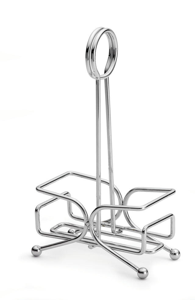 A TableCraft metal napkin holder with a chrome plated finish, featuring a vertical handle topped with a round loop and a butterfly-shaped base formed by curved metal rods, standing on four round feet—a stylish complement to any salt & pepper shakers rack.