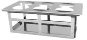 A stainless steel test tube rack with four circular openings on top for holding tubes upright. The shiny, smooth surface is dishwasher safe, while the rectangular side panels with open slots and flat base ensure stability and easy cleaning.