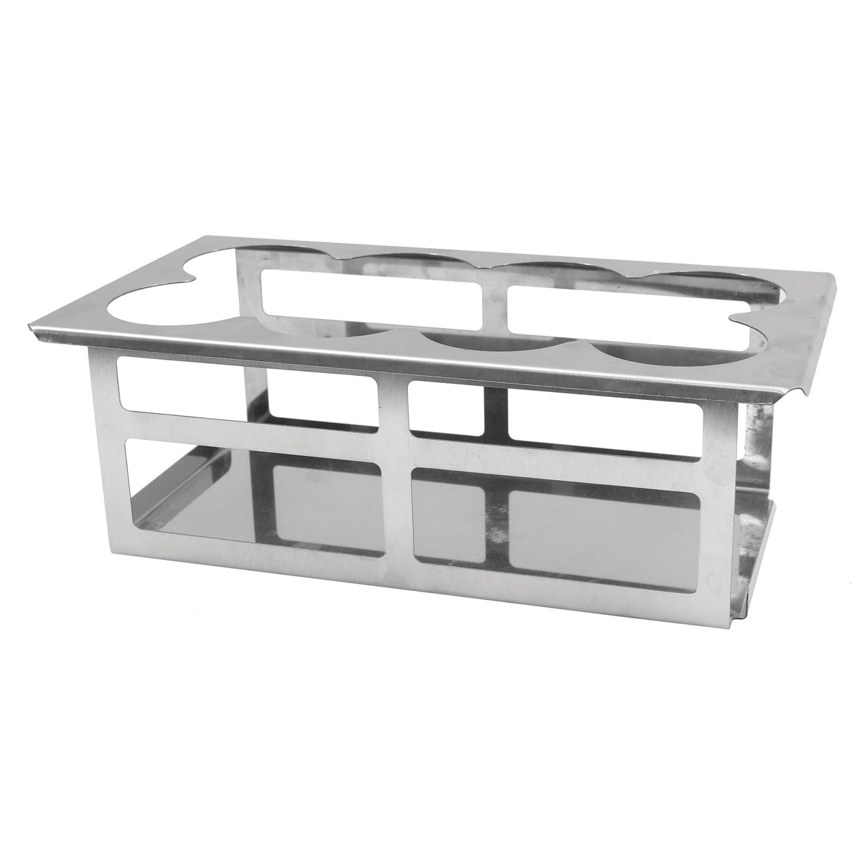 A stainless steel test tube rack with rectangular side openings and circular holes on top for holding test tubes or 16 oz bottles, displayed against a plain white background. The metal rack has a sturdy, rectangular structure suitable for laboratory use.