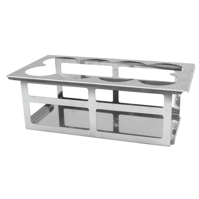 A stainless steel test tube rack with rectangular side openings and circular holes on top for holding test tubes or 16 oz bottles, displayed against a plain white background. The metal rack has a sturdy, rectangular structure suitable for laboratory use.