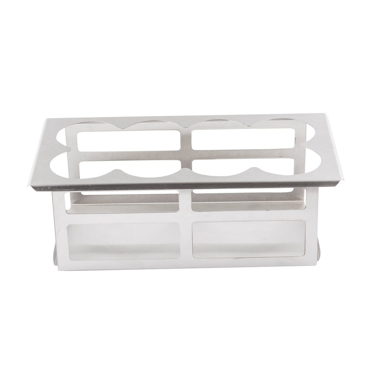 A stainless steel taco holder with two rows, each featuring three curved slots to keep tacos upright. The open rectangular frame boasts a minimal, polished metallic finish and is pictured against a plain white background.