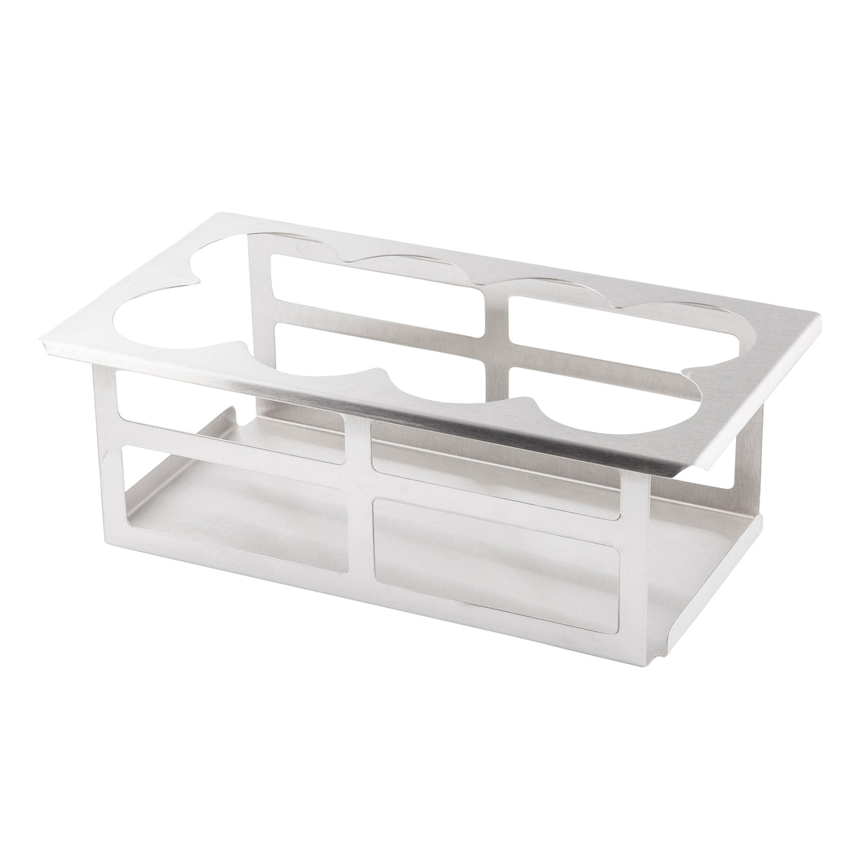 A stainless steel rectangular holder with four circular cutouts on top, designed to organize 16 oz bottles or containers. With open sides and a flat base, this minimalist squeeze bottle template showcases modern design and practicality.