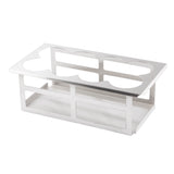 A stainless steel rectangular holder with four circular cutouts on top, designed to organize 16 oz bottles or containers. With open sides and a flat base, this minimalist squeeze bottle template showcases modern design and practicality.