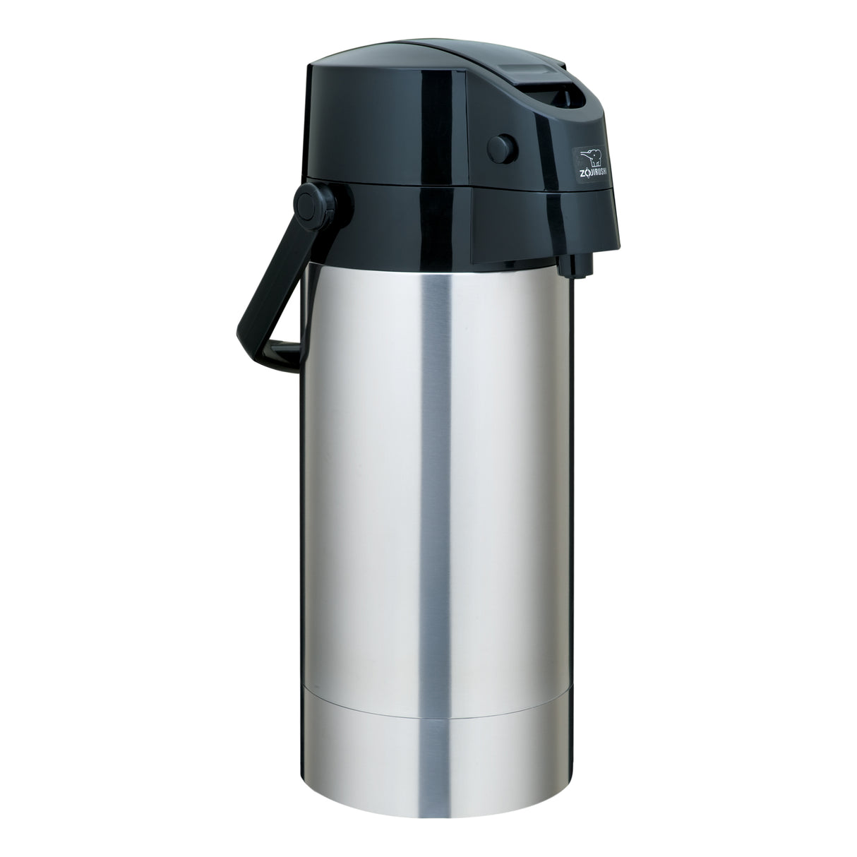 A stainless steel Airpot with a black plastic lid and handle, designed for optimal heat retention when dispensing beverages. The push-button lid ensures easy pouring, while the reflective metallic body displays the brand logo on top.