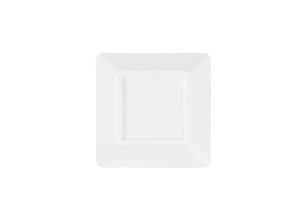 A plain, white, square ceramic plate is centered on a white background. The plate has slightly raised edges and a smooth, glossy finish, and is dishwasher safe with no decoration or visible markings.