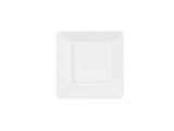 A plain, white, square ceramic plate is centered on a white background. The plate has slightly raised edges and a smooth, glossy finish, and is dishwasher safe with no decoration or visible markings.