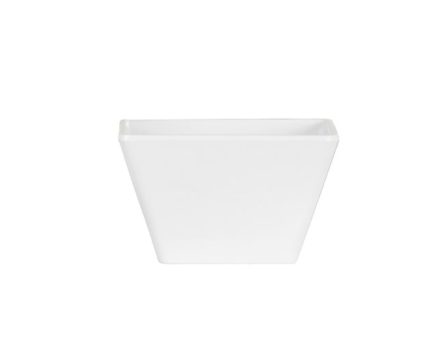 A white, square, ceramic flower pot with slightly outward-sloping sides. Reminiscent of a bowl in shape, it appears empty and is photographed against a plain white background for a minimalist and clean look.