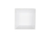 A plain, empty, white square melamine bowl is photographed from above against a white background, creating a minimal and clean look with sharp angles and smooth surfaces.