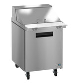 The Hoshizaki Steelheart Series Mega Top Refrigerator features a stainless steel build, raised lidded top for ingredients, front cutting board, recessed lower door handle, and smooth black caster wheels for commercial food prep efficiency.