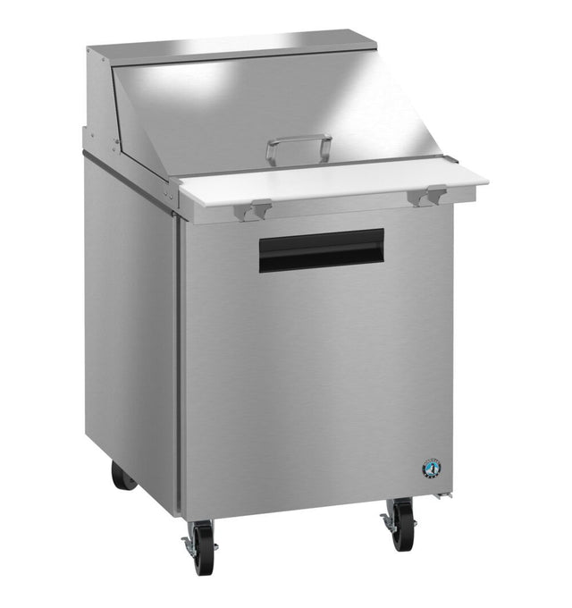 The Hoshizaki Steelheart Series Mega Top Refrigerator features a stainless steel build, raised lidded top for ingredients, front cutting board, recessed lower door handle, and smooth black caster wheels for commercial food prep efficiency.