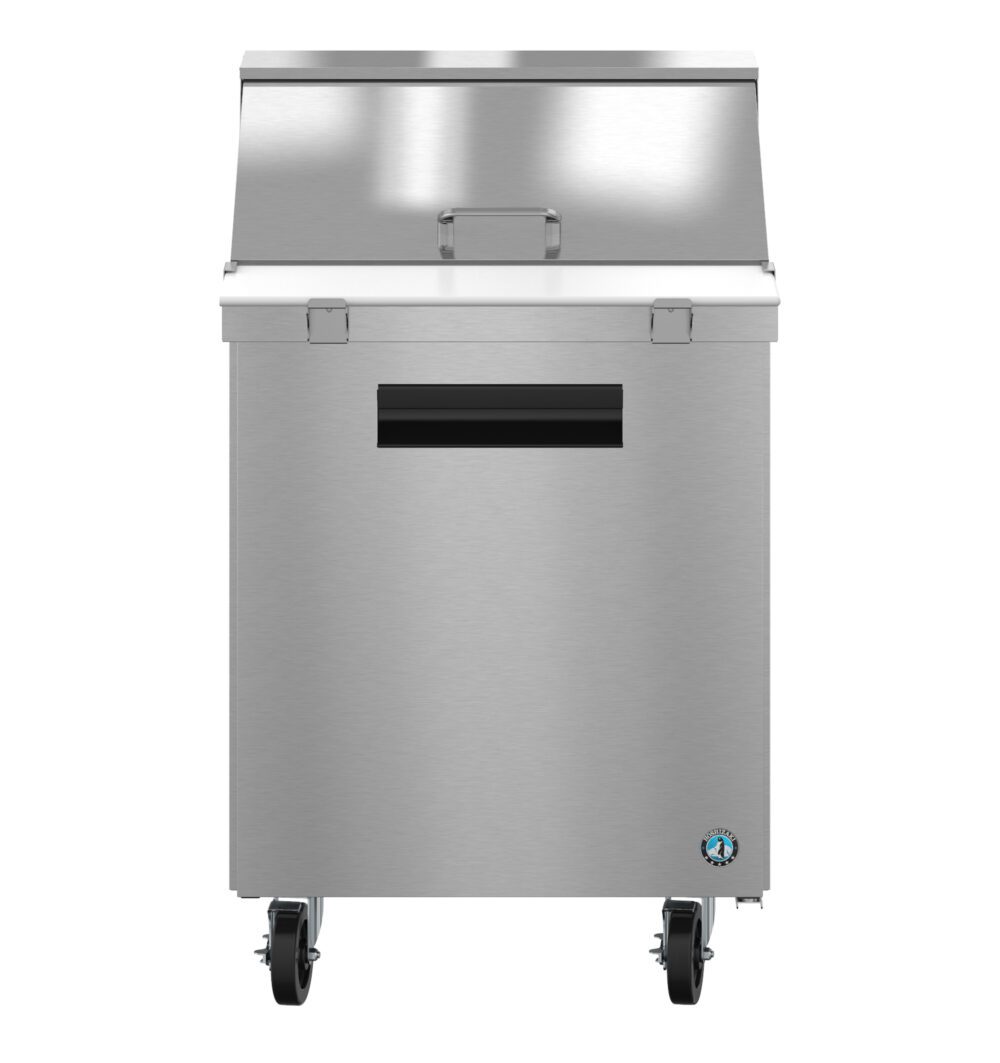 The Hoshizaki Steelheart Series Mega Top Refrigerator features a flat-top design, single door with black handle, four wheels, a raised hinged cover on top, and a small circular blue logo at the bottom right corner.