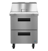 The Hoshizaki SR27B-12MD2 Steelheart Series Mega Top Refrigerator features a commercial stainless steel food prep station with a closed lid, two black-handled drawers, four caster wheels, and a sleek surface with a small blue logo on the lower right corner.