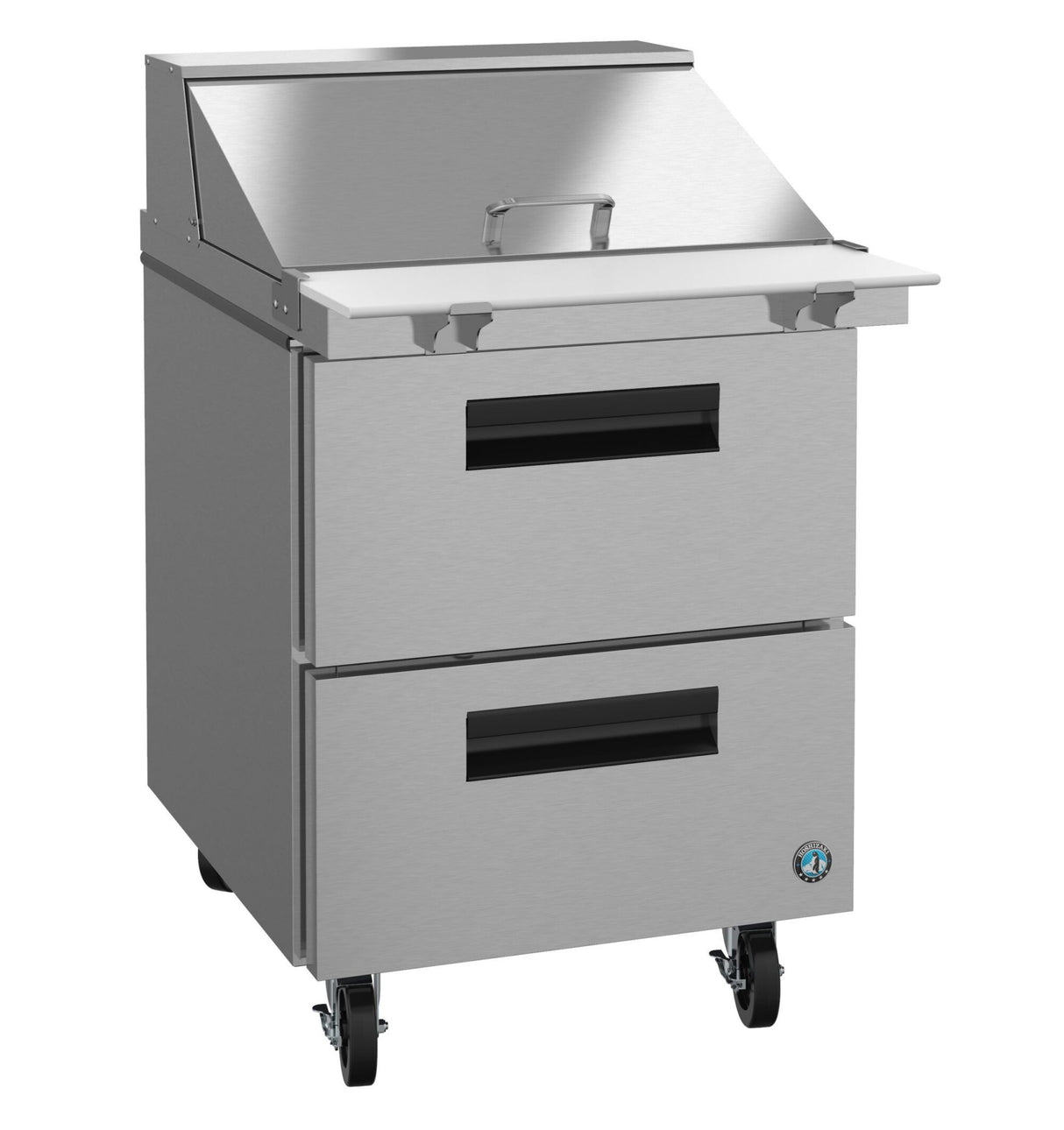 A stainless steel Hoshizaki SR27B-12MD2 prep table with a lidded top work surface, two black-handled pull-out drawers below, and four caster wheels for mobility. The unit features a sleek, industrial design and a small blue circular logo near the bottom right corner.