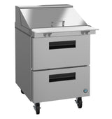 A stainless steel Hoshizaki SR27B-12MD2 prep table with a lidded top work surface, two black-handled pull-out drawers below, and four caster wheels for mobility. The unit features a sleek, industrial design and a small blue circular logo near the bottom right corner.