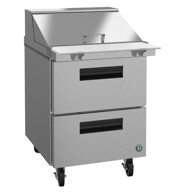 A stainless steel Hoshizaki SR27B-12MD2 prep table with a lidded top work surface, two black-handled pull-out drawers below, and four caster wheels for mobility. The unit features a sleek, industrial design and a small blue circular logo near the bottom right corner.