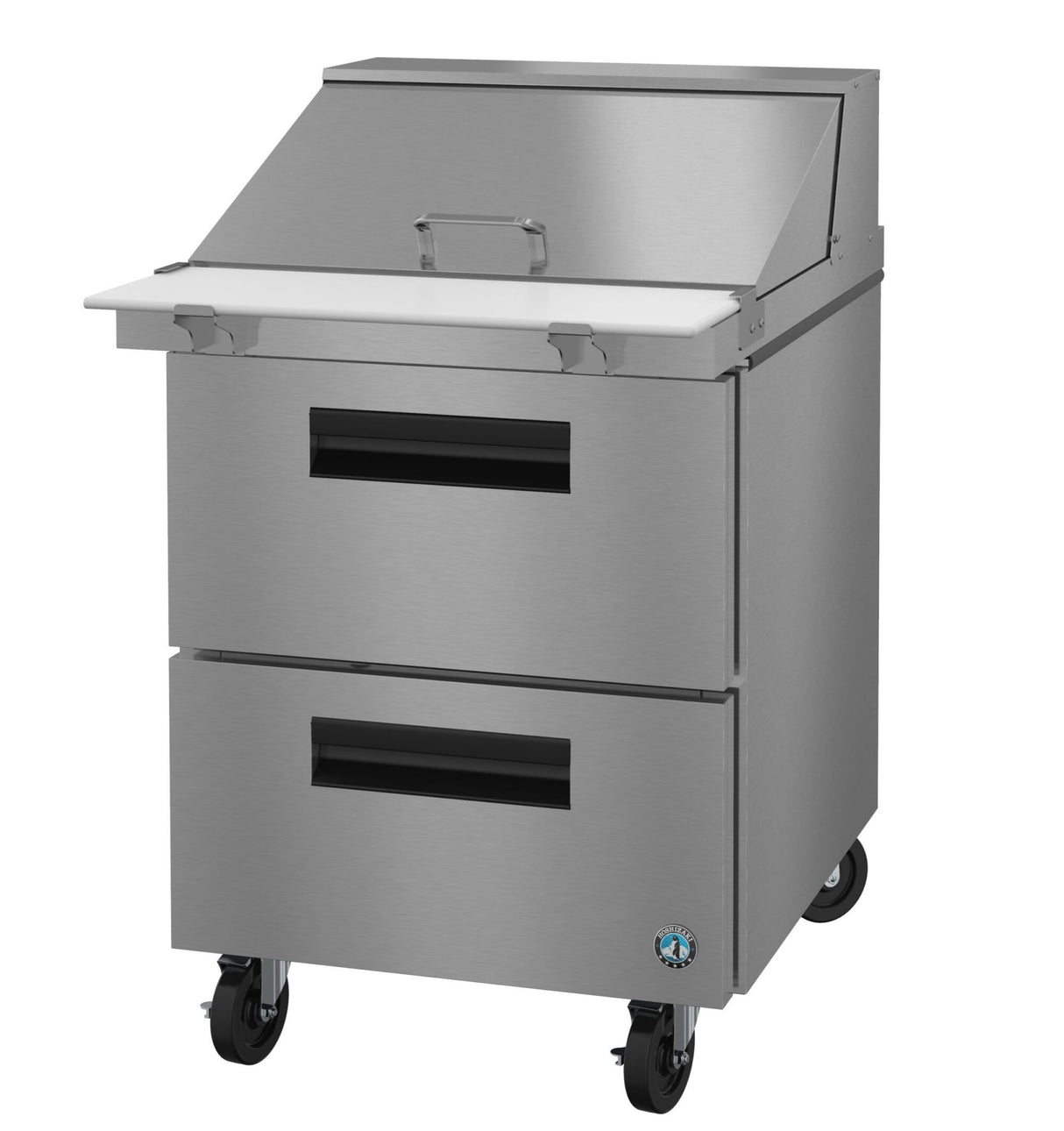 A sleek, industrial Hoshizaki SR27B-12MD2 Steelheart Series prep table with two pull-out drawers, a cutting board surface, lift-up lid, and four caster wheels—ideal for food preparation and storage in busy restaurant kitchens.