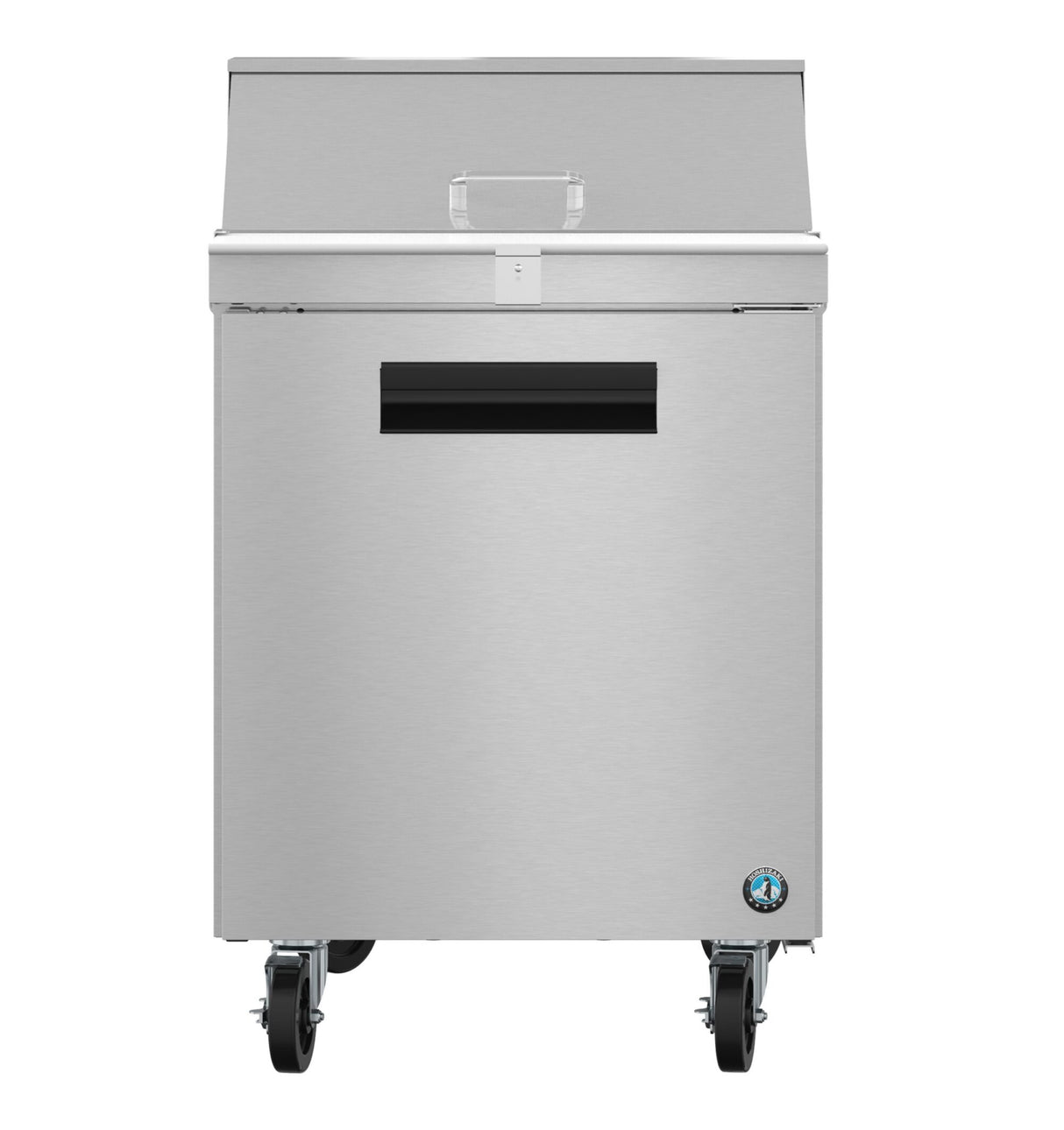 A Hoshizaki SR27B-8 Steelheart Series Sandwich Top Refrigerator on four wheels, with a rectangular front door, horizontal handle, black vent slot, closed top lid, and a badge in the lower right corner showcases a clean, industrial design.