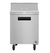 A Hoshizaki SR27B-8 Steelheart Series Sandwich Top Refrigerator on four wheels, with a rectangular front door, horizontal handle, black vent slot, closed top lid, and a badge in the lower right corner showcases a clean, industrial design.