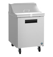 The Hoshizaki SR27B-8 Steelheart Series Sandwich Top Refrigerator is a sleek, modern stainless steel prep table on wheels, featuring a top lid with handle, recessed front handle, and a small circular logo on the bottom right corner of the door.