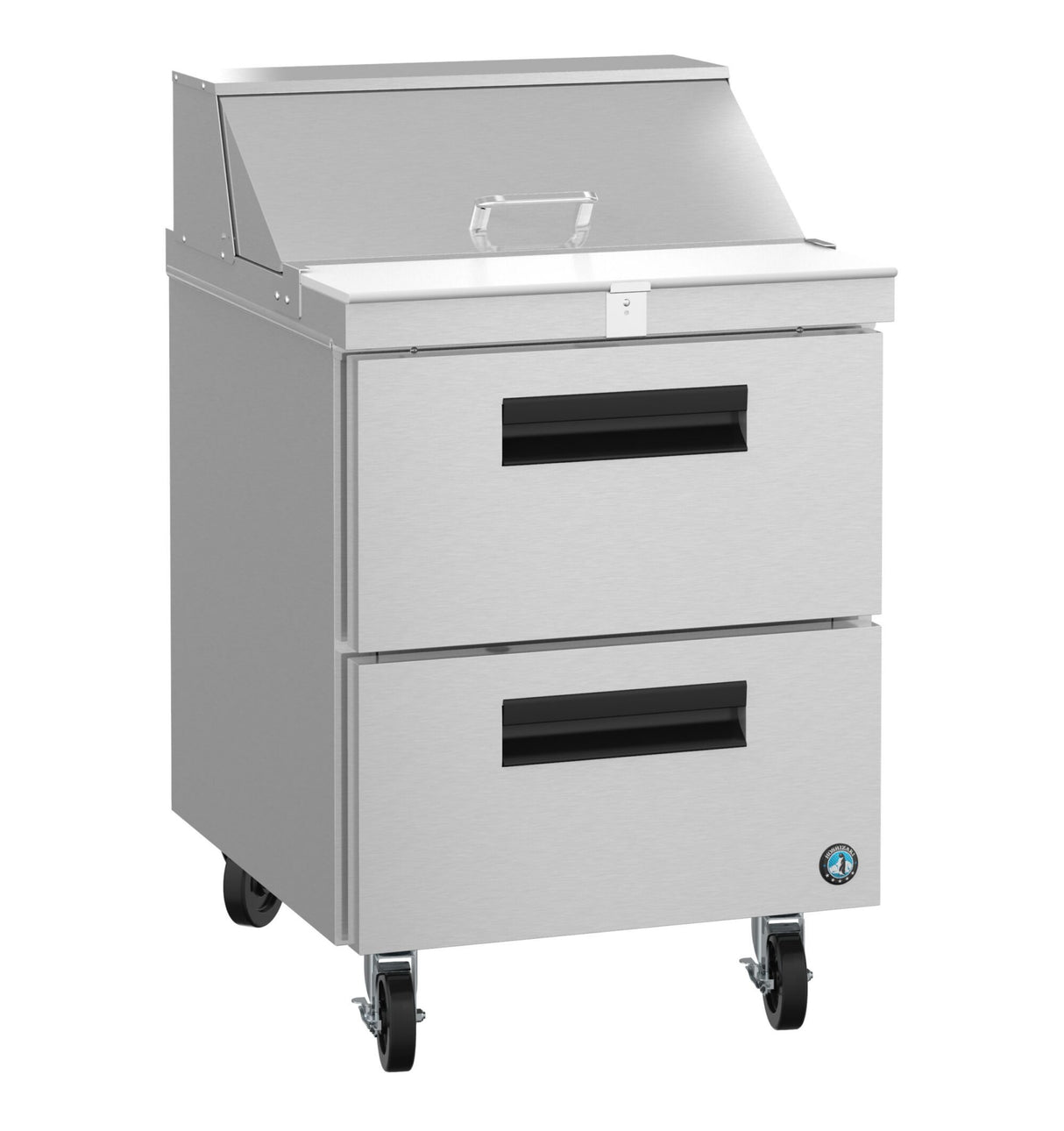 A stainless steel Hoshizaki sandwich top refrigerator with two large black-handled drawers, a hinged top lid, and four caster wheels for mobility. The smooth, reflective surface features a small circular logo on the bottom right corner.