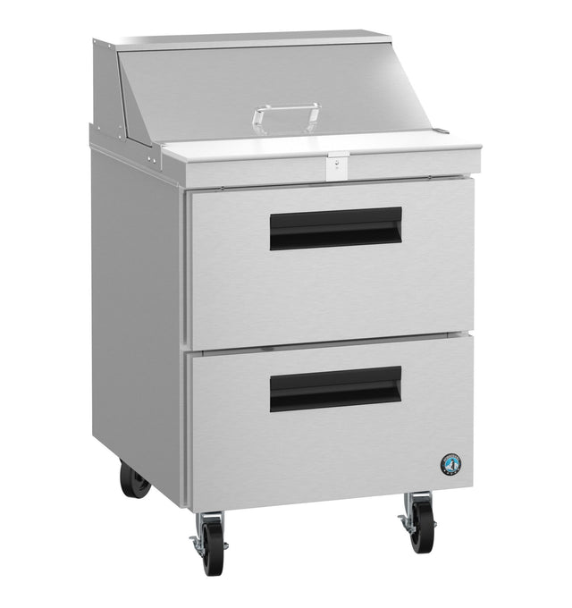 A stainless steel Hoshizaki sandwich top refrigerator with two large black-handled drawers, a hinged top lid, and four caster wheels for mobility. The smooth, reflective surface features a small circular logo on the bottom right corner.