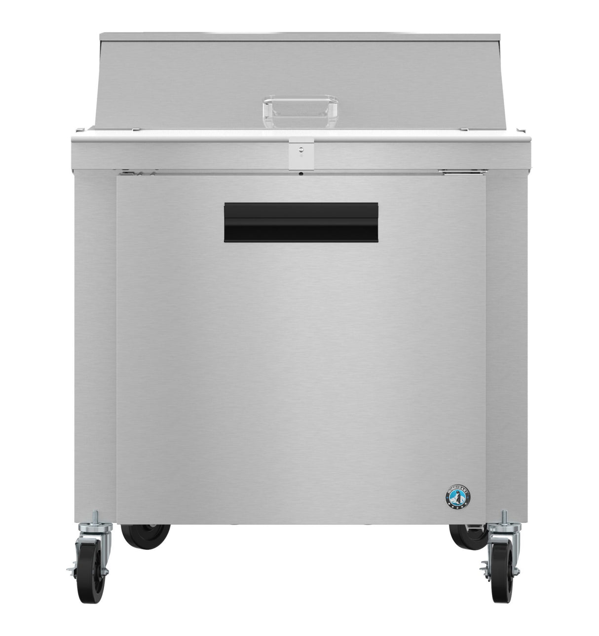 A Hoshizaki SR36B-10 Steelheart Series Sandwich Top Refrigerator with a flat stainless steel surface, lid, and wheels. Features include a recessed handle, solid door, and a blue certification sticker on the lower right corner.