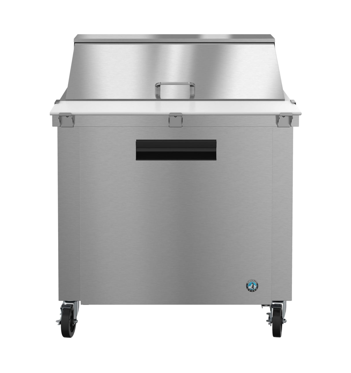 A sleek and modern Hoshizaki Steelheart Series Mega Top Refrigerator features a stainless steel body, flat top, slightly raised back, front-opening door with handle, and four caster wheels. The small circular logo adds a refined touch to this reach-in refrigerator.