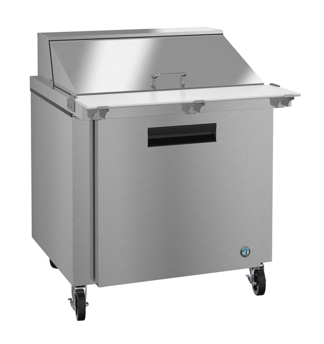 A Hoshizaki Steelheart Series Mega Top Refrigerator with a stainless steel finish, top lid, white cutting board, single door, and handle. It’s on wheels for mobility, features a small blue logo, and is ideal as a commercial reach-in refrigerator for kitchens or restaurants.